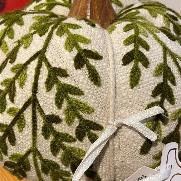 Embroidered Small Green and White Fabric Pumpkin - Picture 8 of 10